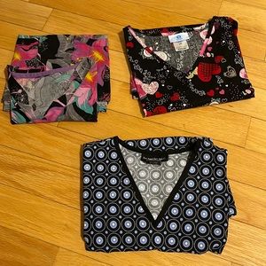 Lot of THREE Scrub Tops size LARGE; Los Angeles Rose, Inc.; SB scrubs;Talford